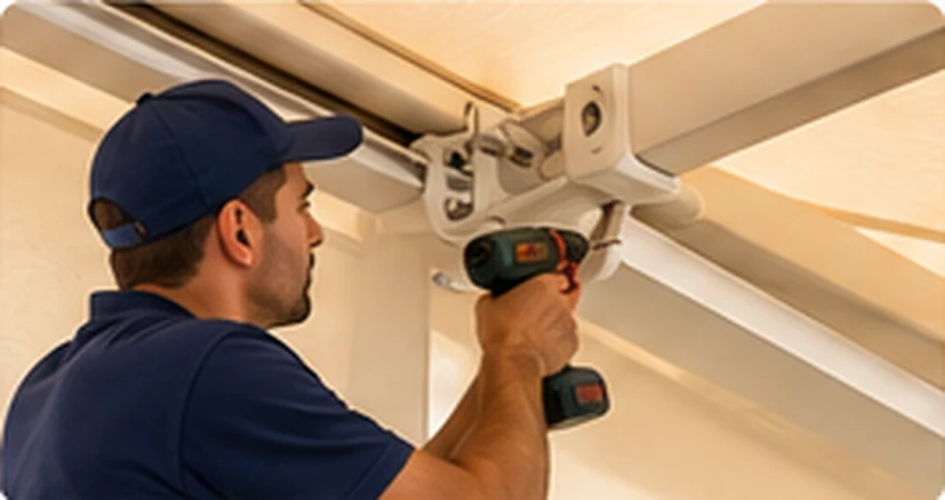 Técnico reparando el mecanismo de un toldo